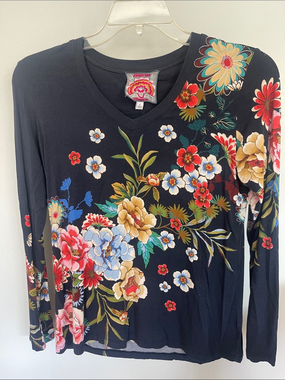 Johnny Was Navy Floral V-Neck Long Sleeve Top